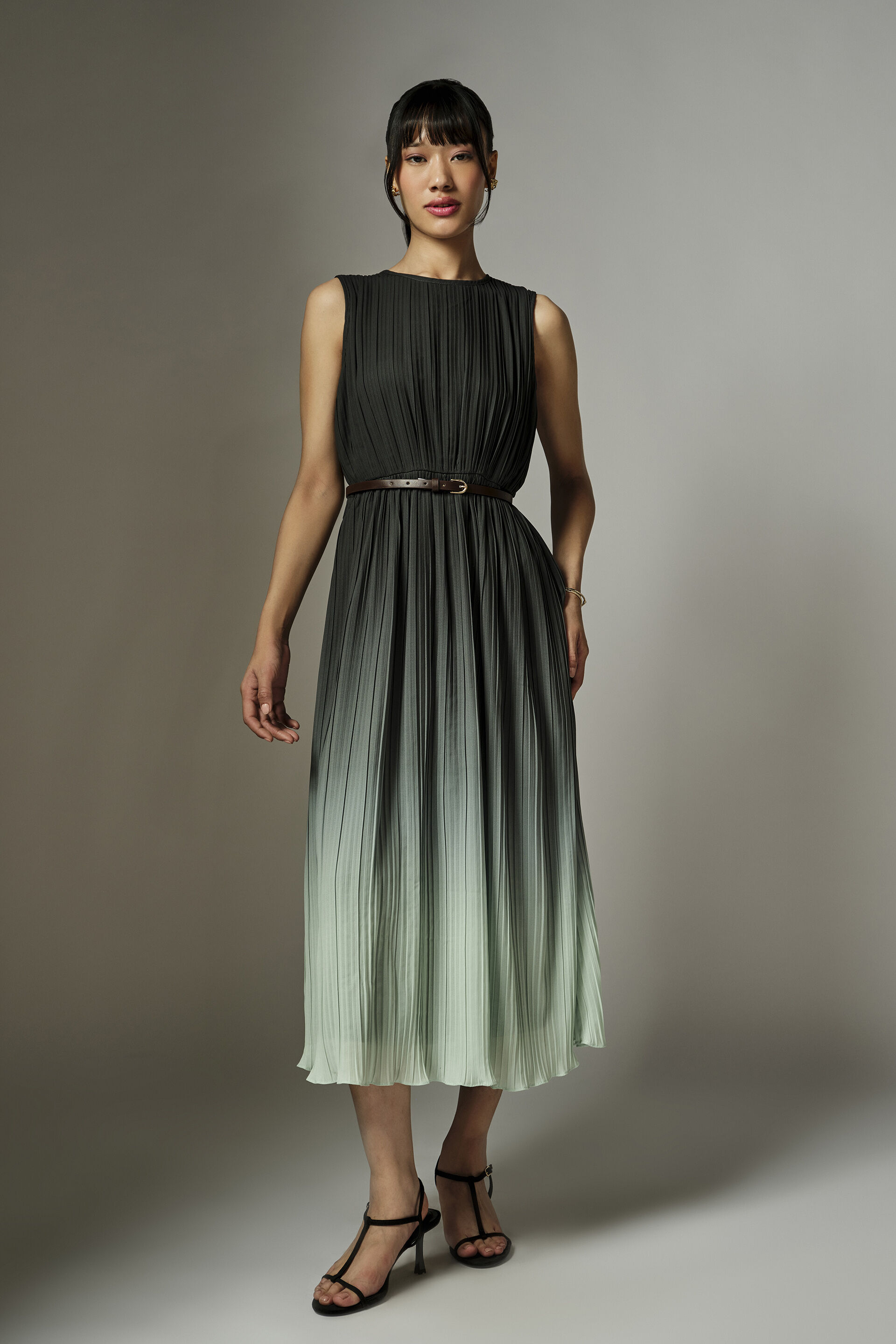 Clara Pleated Midi Dress, Green, image 2